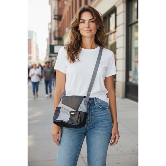 Baggallini Color Blocking Geometric Flap Crossbody Venice Collection Black Gray - Picture 2 of 14